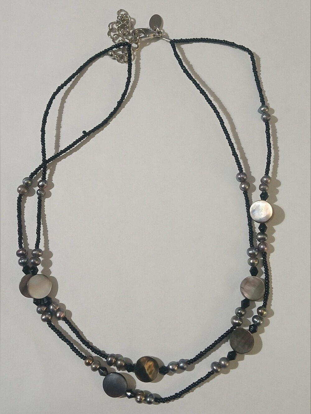 Lia Sophia Black Bead Necklace with Iridescent Mother-of-Pearl Discs